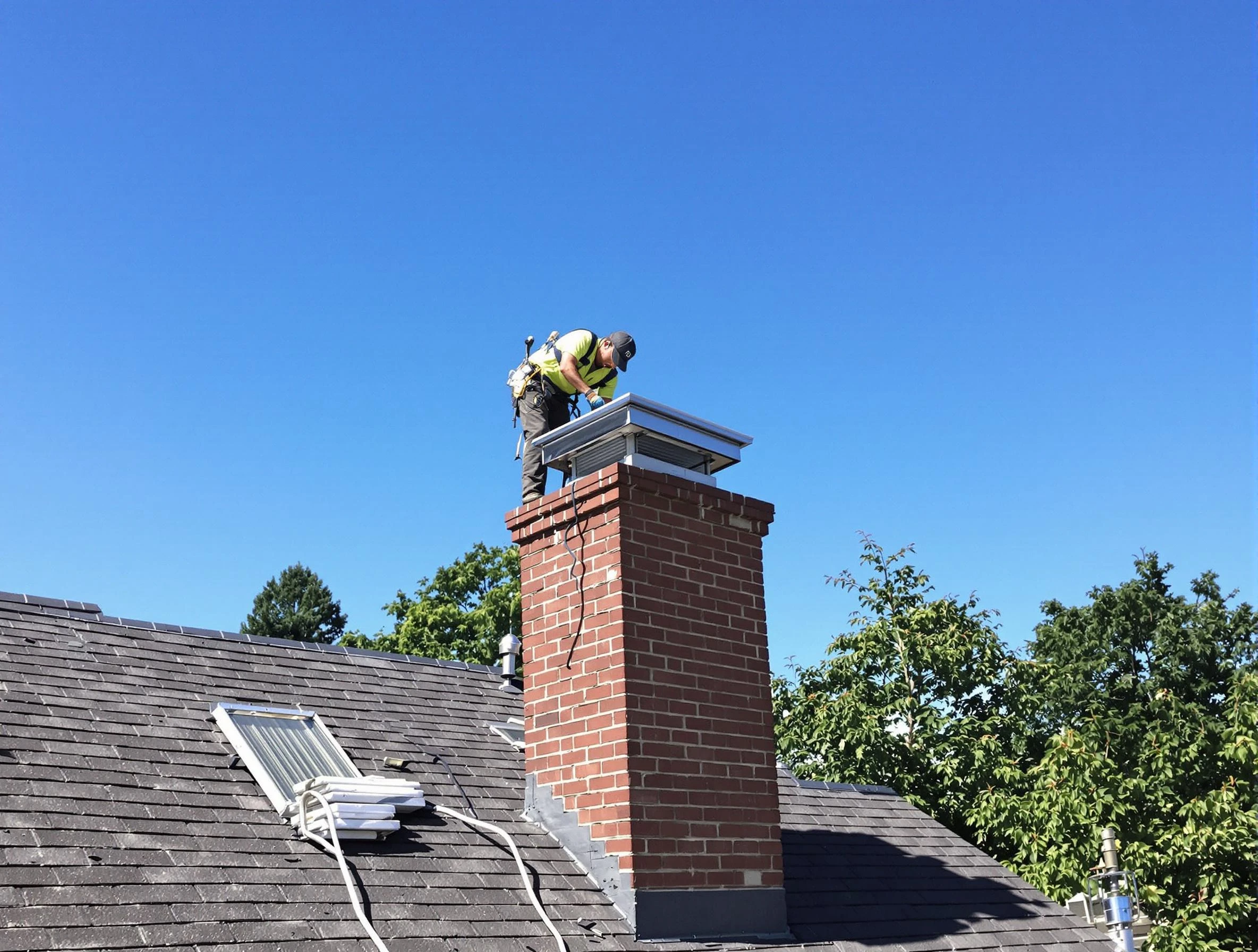 Bethany Chimney Sweep technician measuring a chimney cap in Bethany, OK
